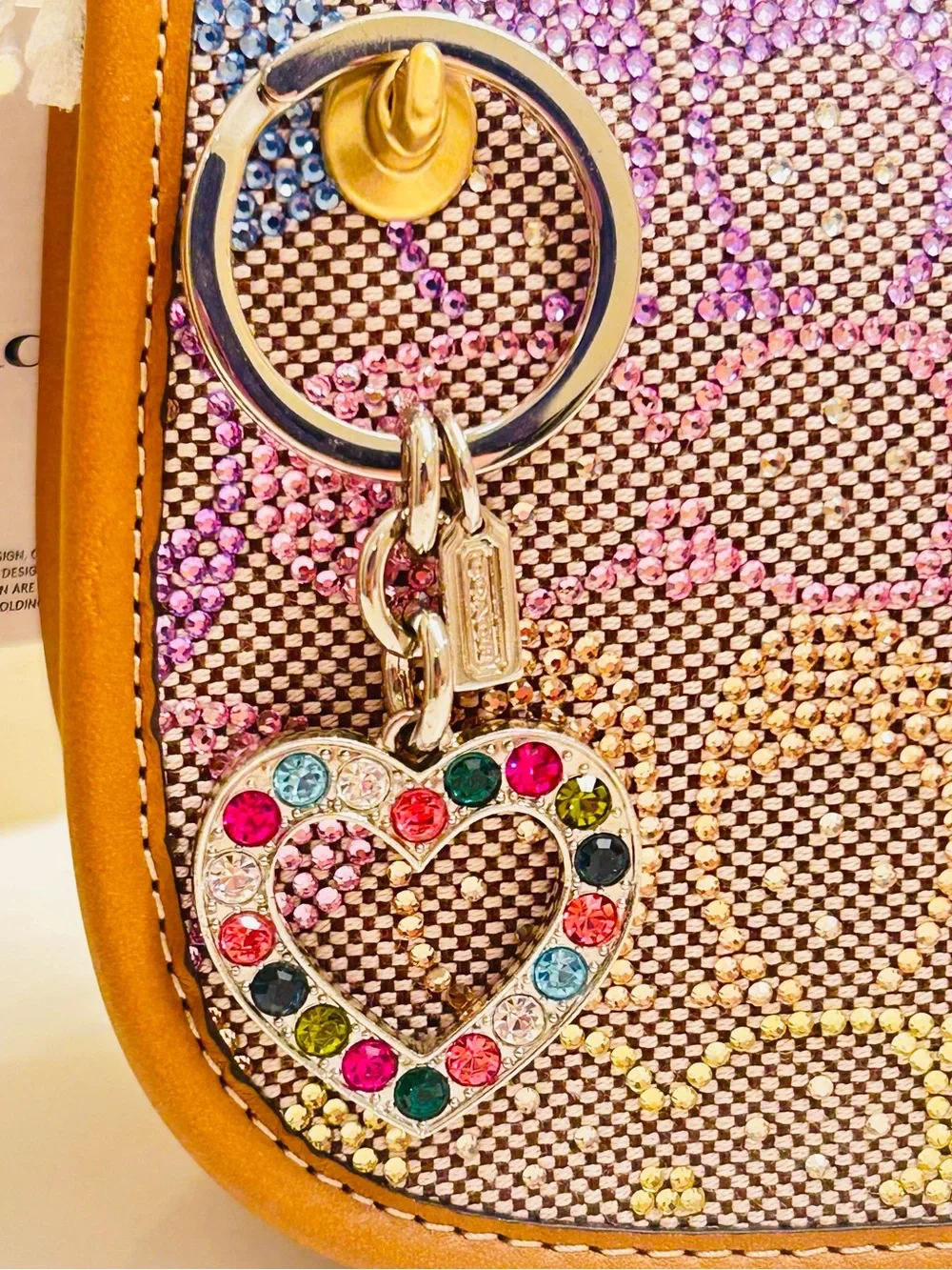 RARE Coach Heart Charm Rainbow Crystals Keychain/ Bag Charm